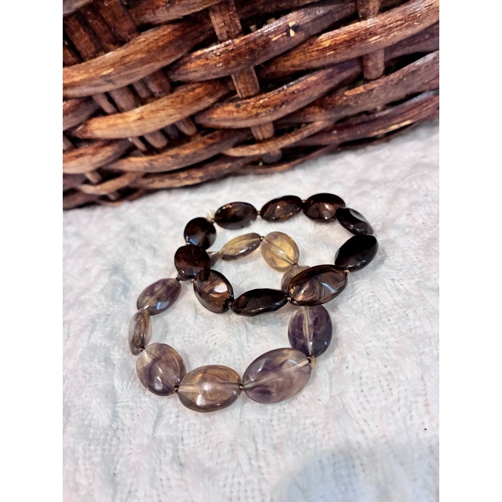 2 Chunky Smoky Brown Purple Beaded Stretch Bracelets Statement Jewelry - Picture 2 of 3